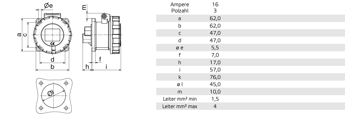 Flansch 62x62, Befestigung 47x47