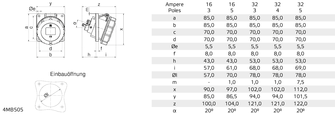 Flansch 85x85, Befestigung 70x70
